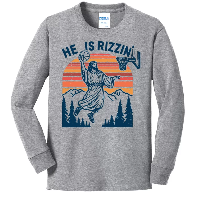 He Is Rizzin Easter Jesus Christian Basketball Kids Long Sleeve Shirt