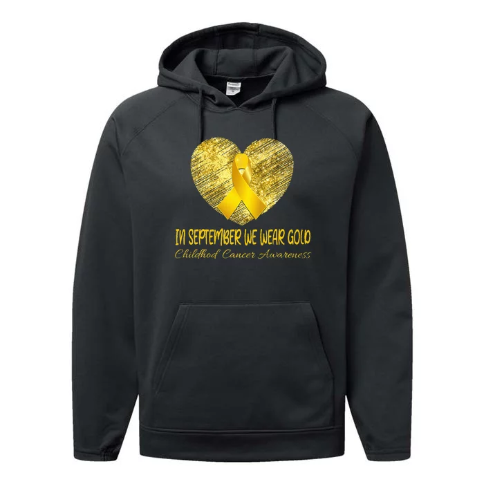 Heart In September We Wear Gold Childhood Cancer Support Performance Fleece Hoodie