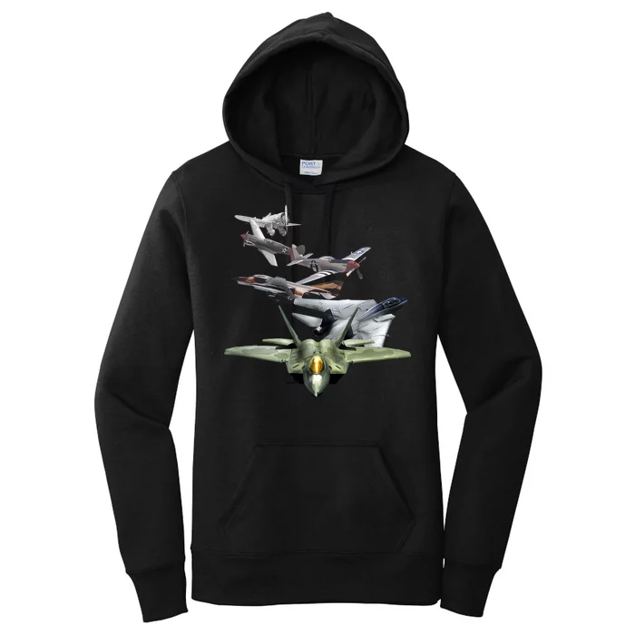 History Of The Fighter Plane - Air Force F-22 F-16 Women's Pullover Hoodie