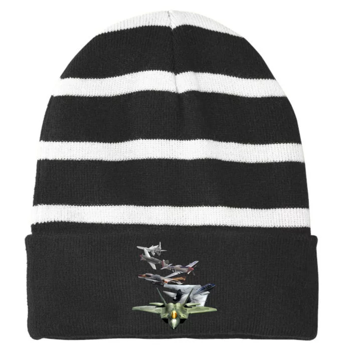 History Of The Fighter Plane - Air Force F-22 F-16 Striped Beanie with Solid Band