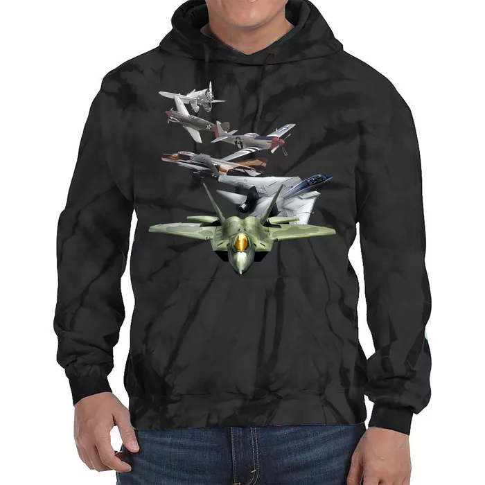 History Of The Fighter Plane - Air Force F-22 F-16 Tie Dye Hoodie