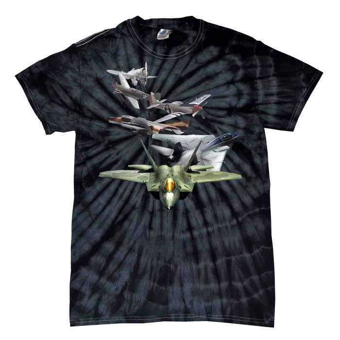 History Of The Fighter Plane - Air Force F-22 F-16 Tie-Dye T-Shirt