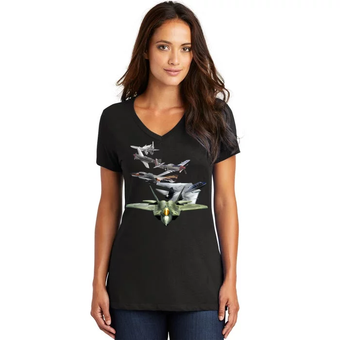 History Of The Fighter Plane - Air Force F-22 F-16 Women's V-Neck T-Shirt