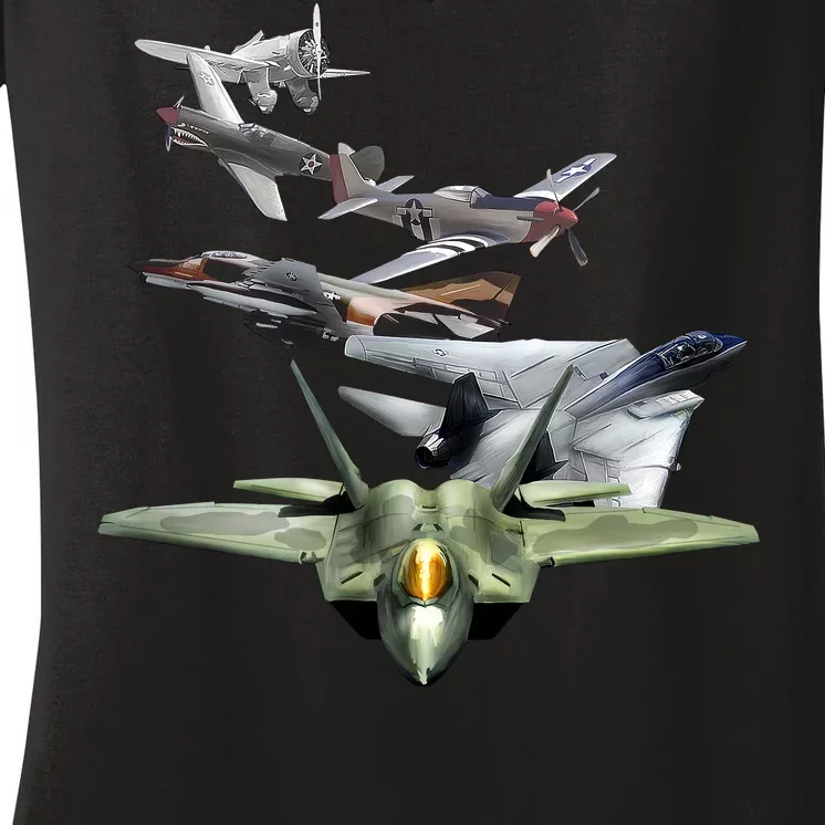 History Of The Fighter Plane - Air Force F-22 F-16 Women's V-Neck T-Shirt