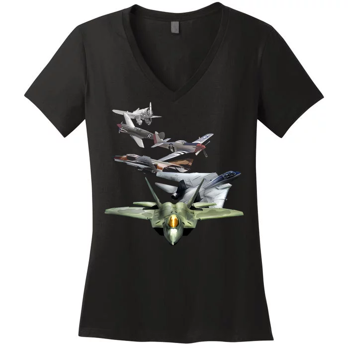 History Of The Fighter Plane - Air Force F-22 F-16 Women's V-Neck T-Shirt