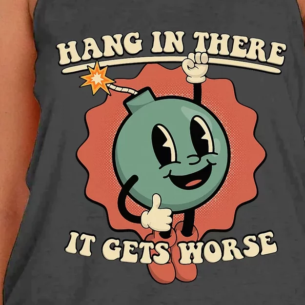 Hang In There It Gets Worse Existential Dread Cartoon Bomb Women's Knotted Racerback Tank