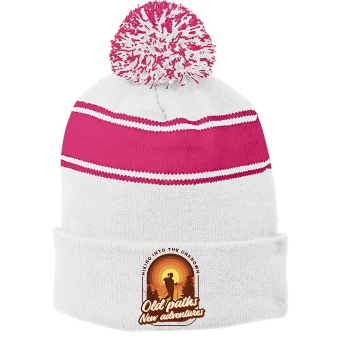 Hiking Into The Unknown Old Paths New Adventures Stripe Pom Pom Beanie