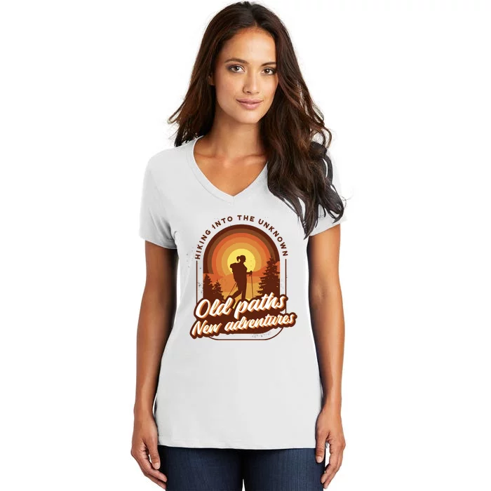 Hiking Into The Unknown Old Paths New Adventures Women's V-Neck T-Shirt