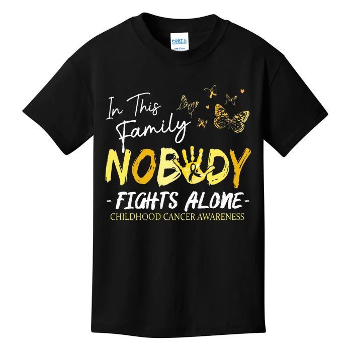 Hand In This Family Nobody Fights Alone Childhood Cancer Kids T-Shirt