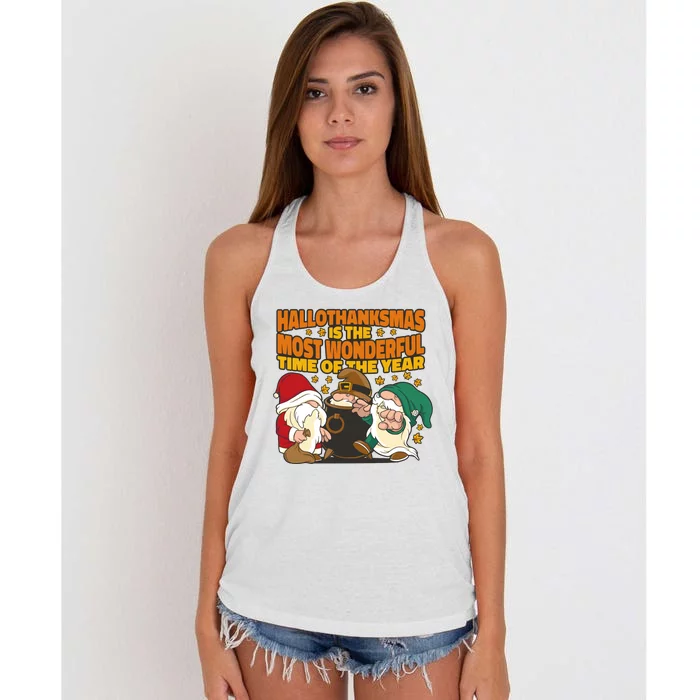 Hallothanksmas Is The Most Wonderful Time Of The Year Holiday Gnomes Women's Knotted Racerback Tank