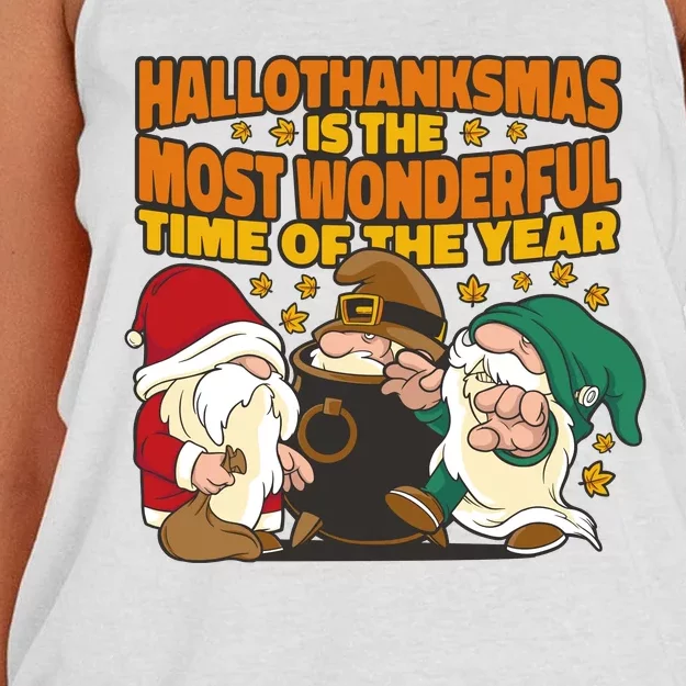 Hallothanksmas Is The Most Wonderful Time Of The Year Holiday Gnomes Women's Knotted Racerback Tank