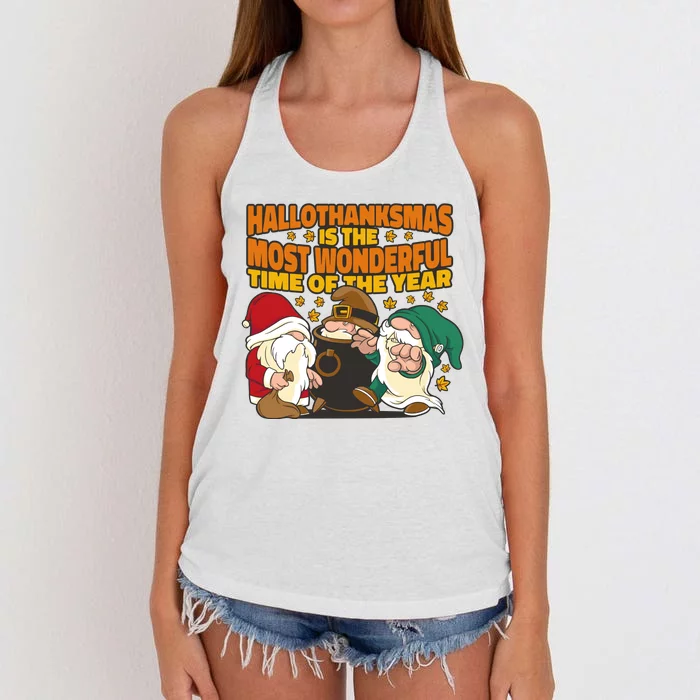 Hallothanksmas Is The Most Wonderful Time Of The Year Holiday Gnomes Women's Knotted Racerback Tank