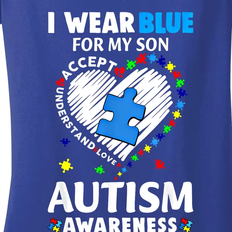 Heart I Wear Blue For My Sons Autism Awareness Month Gift Women's V-Neck T-Shirt