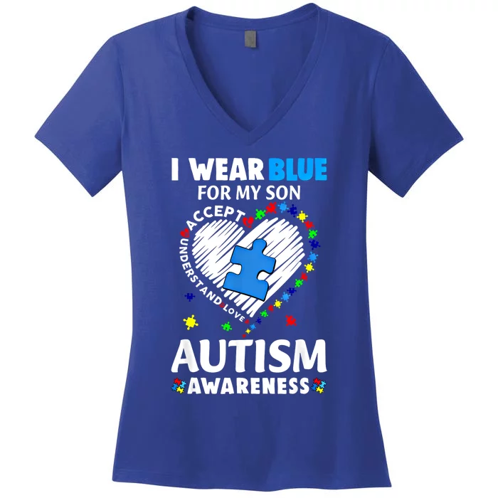 Heart I Wear Blue For My Sons Autism Awareness Month Gift Women's V-Neck T-Shirt