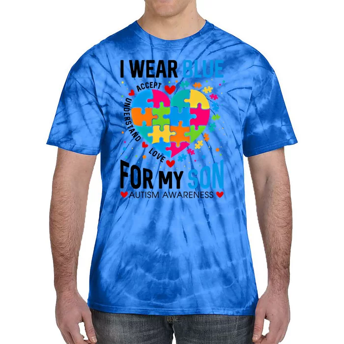 Heart I Wear Blue For My Son Autism Awareness Month Parents Cool Gift Tie-Dye T-Shirt