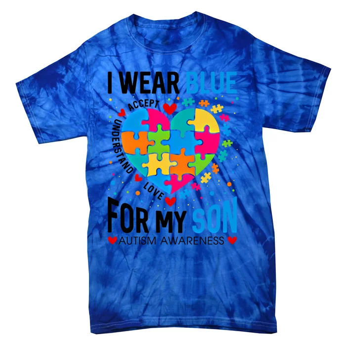 Heart I Wear Blue For My Son Autism Awareness Month Parents Cool Gift Tie-Dye T-Shirt