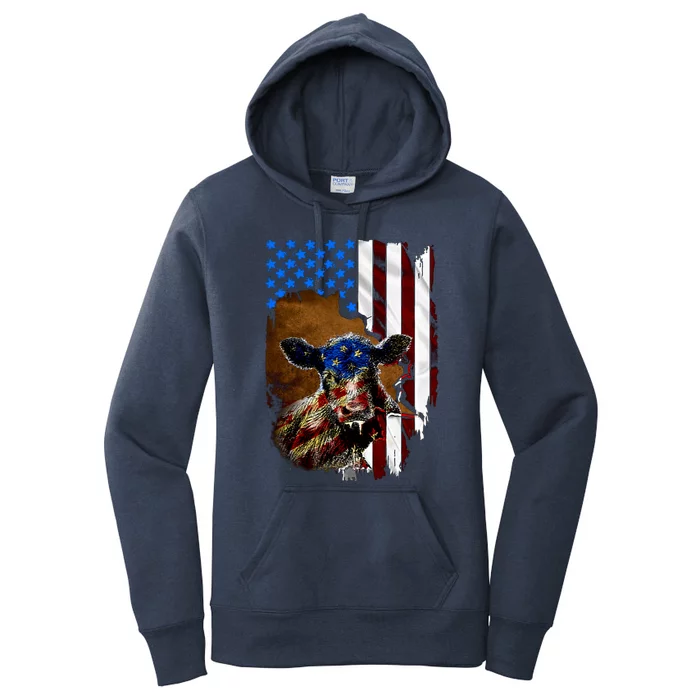 Heifer July 4 American Flag Farmer Gift Cow Cattle Gift Women's Pullover Hoodie