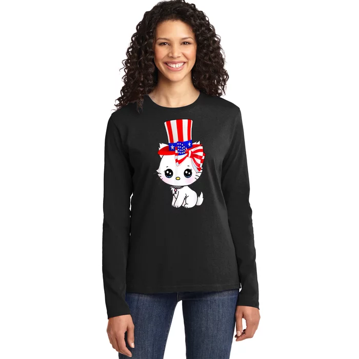 Happy July 4th Usa Flag Cute Cat Daddy Mommy Boy Girl Gift Ladies Long Sleeve Shirt