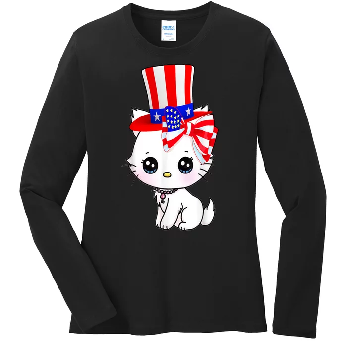 Happy July 4th Usa Flag Cute Cat Daddy Mommy Boy Girl Gift Ladies Long Sleeve Shirt