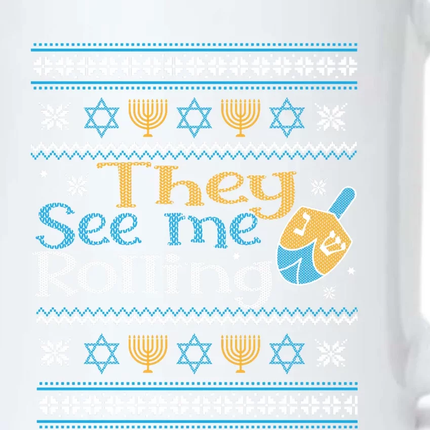 Hanukkah Jewish Dreidel They See Me Rolling Ugly Sweater Black Color Changing Mug