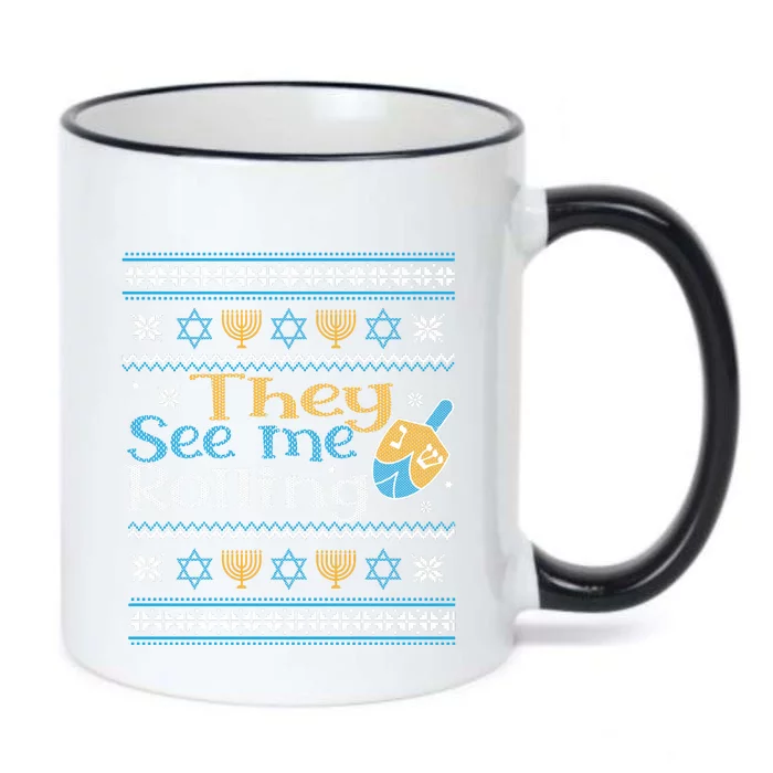 Hanukkah Jewish Dreidel They See Me Rolling Ugly Sweater Black Color Changing Mug