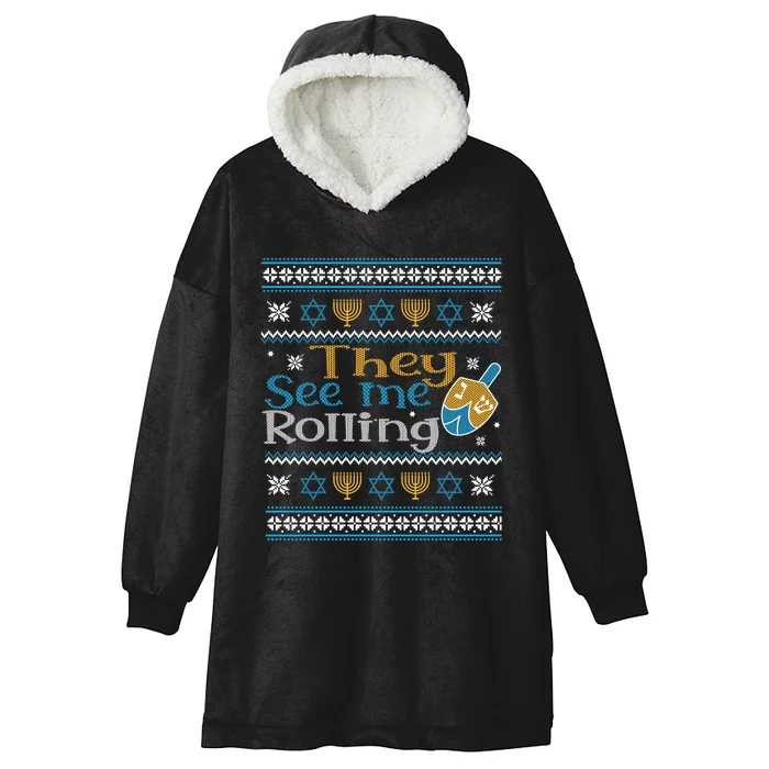 Hanukkah Jewish Dreidel They See Me Rolling Ugly Sweater Hooded Wearable Blanket