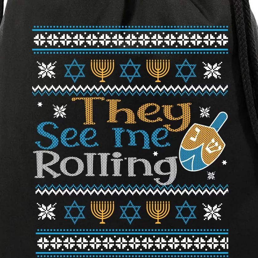 Hanukkah Jewish Dreidel They See Me Rolling Ugly Sweater Drawstring Bag