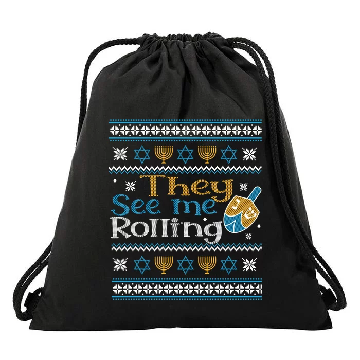 Hanukkah Jewish Dreidel They See Me Rolling Ugly Sweater Drawstring Bag