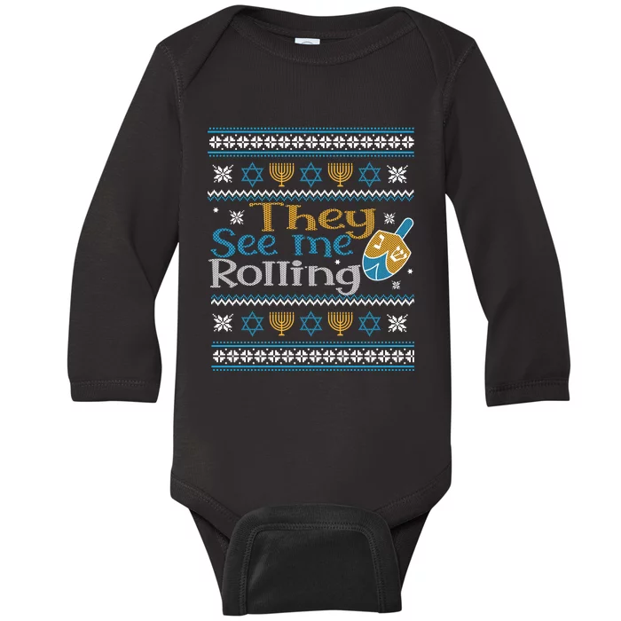 Hanukkah Jewish Dreidel They See Me Rolling Ugly Sweater Baby Long Sleeve Bodysuit