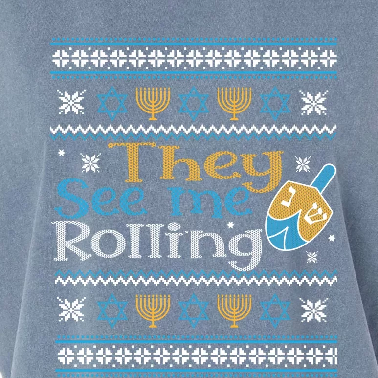 Hanukkah Jewish Dreidel They See Me Rolling Ugly Sweater Garment-Dyed Women's Muscle Tee