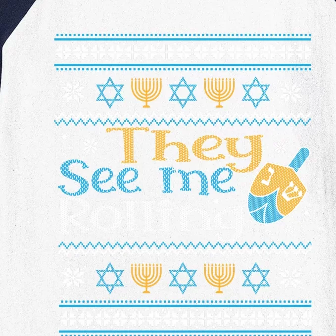 Hanukkah Jewish Dreidel They See Me Rolling Ugly Sweater Baseball Sleeve Shirt