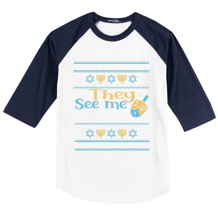 Hanukkah Jewish Dreidel They See Me Rolling Ugly Sweater Baseball Sleeve Shirt