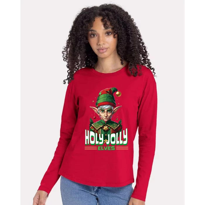 Holly Jolly Elves Funny Christmas Elf Womens Cotton Relaxed Long Sleeve T-Shirt