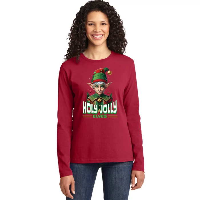 Holly Jolly Elves Funny Christmas Elf Ladies Long Sleeve Shirt