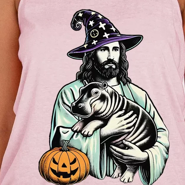 Halloween Jesus Loves Moo Deng Baby Hippo – Funny Wizard Mem Women's Knotted Racerback Tank