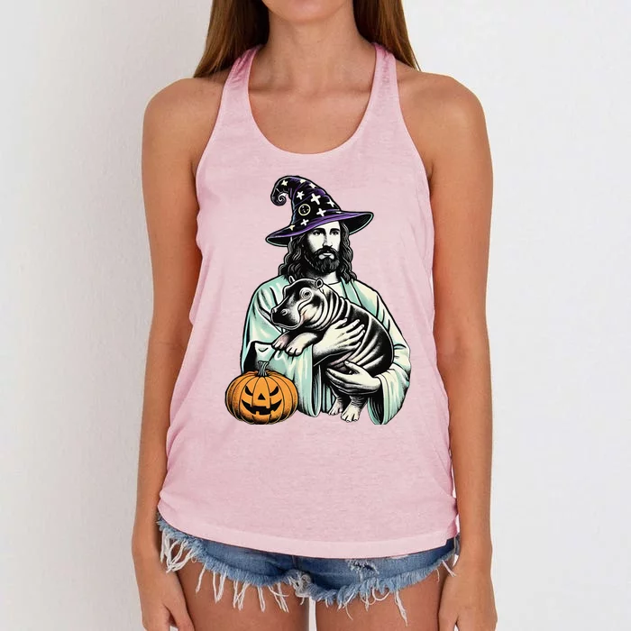 Halloween Jesus Loves Moo Deng Baby Hippo – Funny Wizard Mem Women's Knotted Racerback Tank