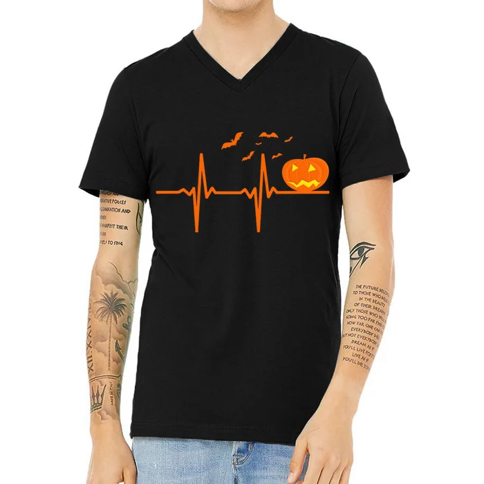 Halloween Jack O Lantern Pulse Heart Beat V-Neck T-Shirt