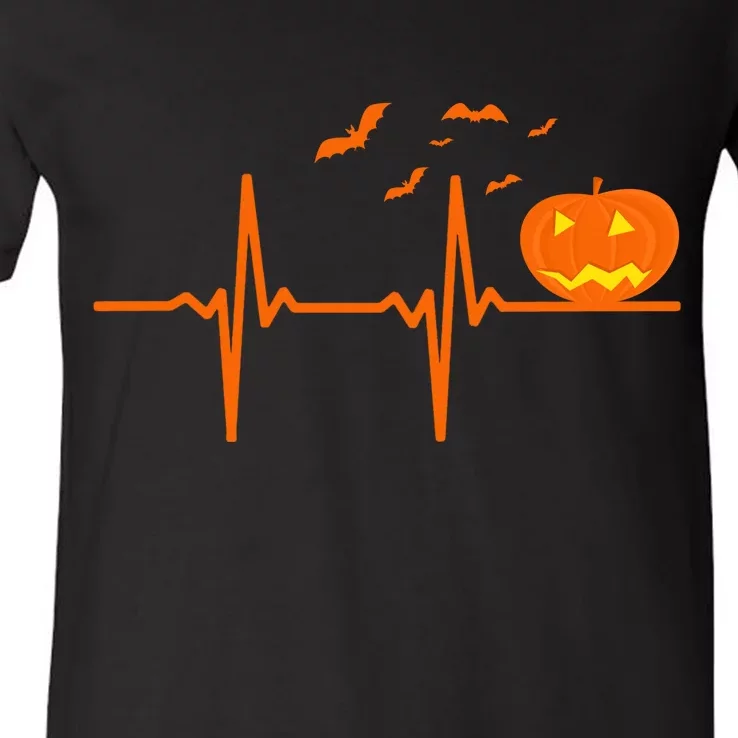 Halloween Jack O Lantern Pulse Heart Beat V-Neck T-Shirt