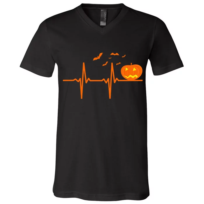 Halloween Jack O Lantern Pulse Heart Beat V-Neck T-Shirt