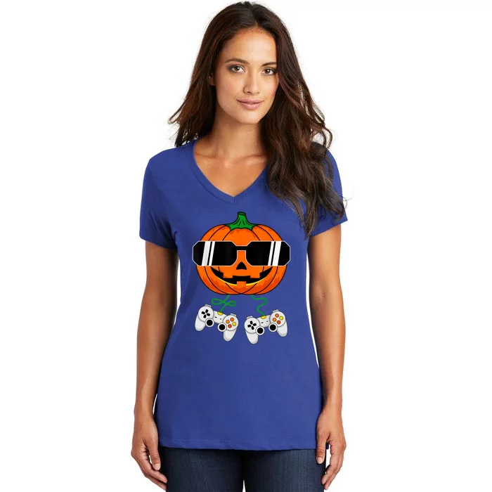 Halloween Jack O Lantern Gamer Dad Funny Halloween Women's V-Neck T-Shirt