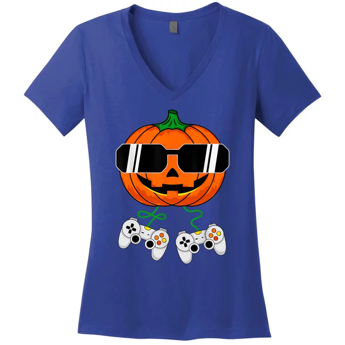 Halloween Jack O Lantern Gamer Dad Funny Halloween Women's V-Neck T-Shirt