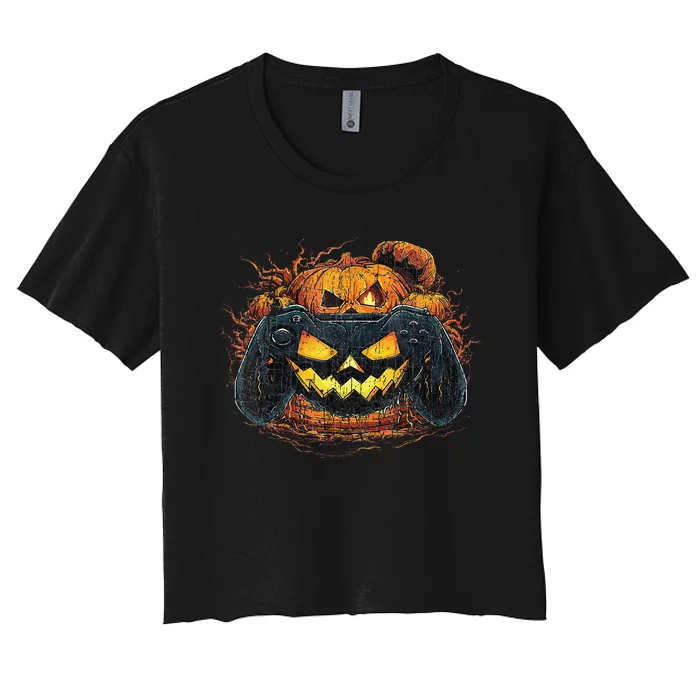 Halloween Jack O Lantern Pixelated Gaming Gamer Women's Crop Top Tee