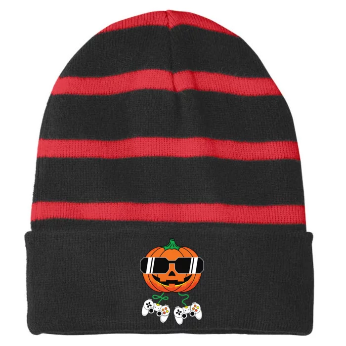 Halloween Jack O Lantern Gamer Boy Kids Funny Halloween Striped Beanie with Solid Band