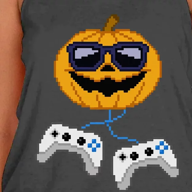 Halloween Jack O Lantern Pixelated Gaming Gamer Women's Knotted Racerback Tank