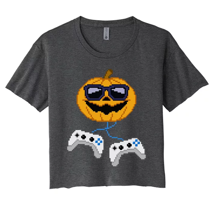 Halloween Jack O Lantern Pixelated Gaming Gamer Women's Crop Top Tee