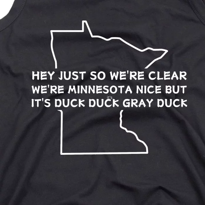 Hey Just So WeRe Clear WeRe Minnesota Nice But ItS Duck Duck Gray Duck Tank Top