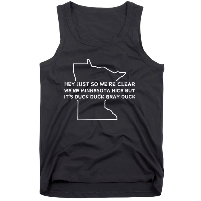 Hey Just So WeRe Clear WeRe Minnesota Nice But ItS Duck Duck Gray Duck Tank Top