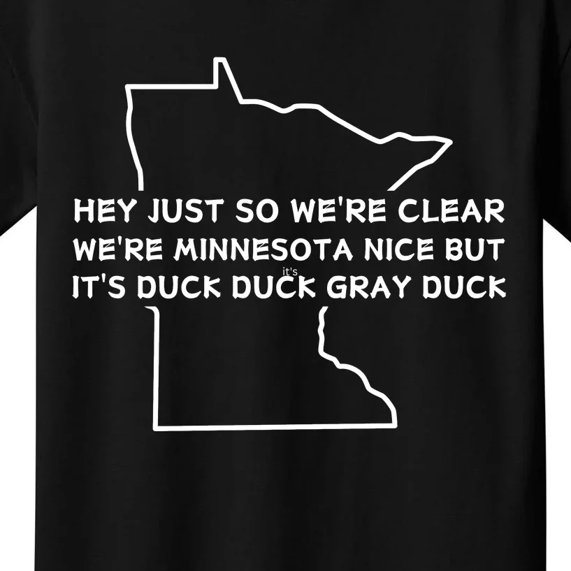 Hey Just So WeRe Clear WeRe Minnesota Nice But ItS Duck Duck Gray Duck Kids T-Shirt