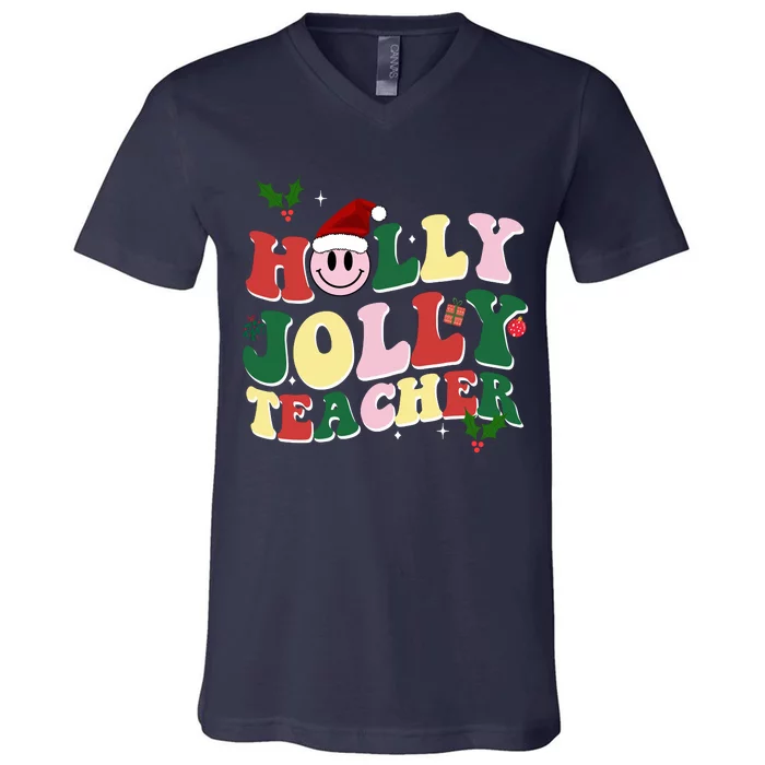 Holly Jolly Teacher Cute Christmas Gift V-Neck T-Shirt