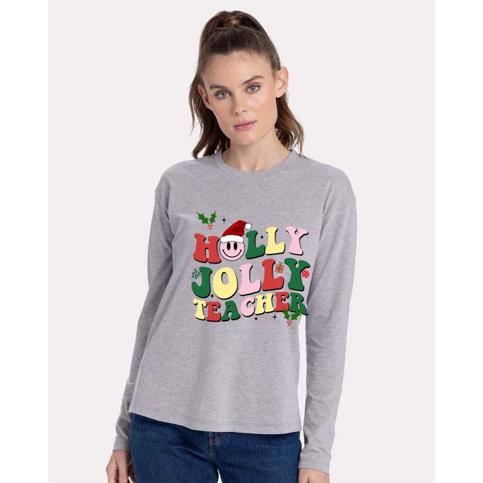 Holly Jolly Teacher Cute Christmas Gift Womens Cotton Relaxed Long Sleeve T-Shirt